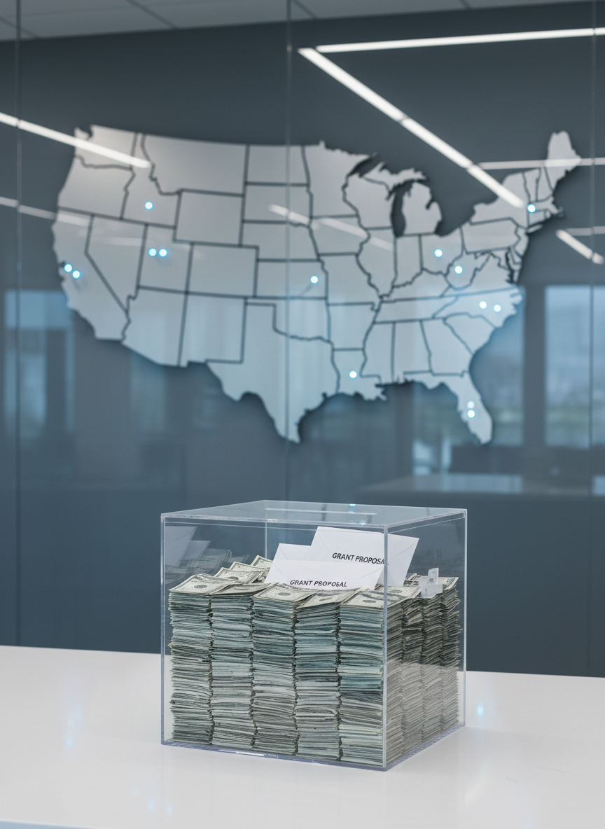 A close-up of a transparent acrylic donation box filled with crisp US dollar bills and a few neatly folded grant proposal envelopes, positioned on a matte white counter in a modern, minimalist office lobby. Behind it, through a large glass wall, a stylized map of the United States in brushed aluminum features tiny illuminated dots suggesting funded communities. Soft overhead LED lighting and indirect daylight create subtle highlights on the clear acrylic edges, emphasizing clarity and transparency. The composition uses the rule of thirds, with the donation box in sharp focus and the map tastefully blurred in the background. The mood is professional, accountable, and hopeful, rendered in realistic photographic style with cool, corporate blues and neutral grays dominating the palette.