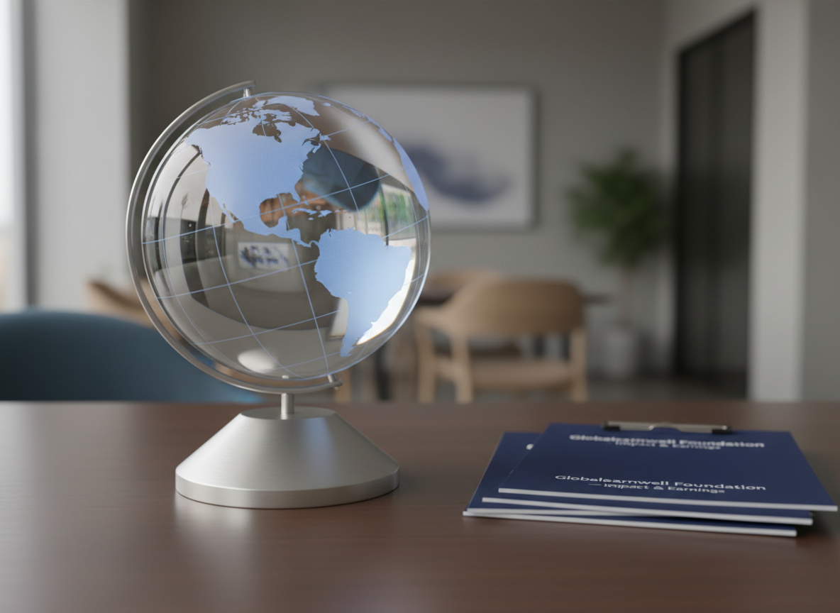 A polished glass globe etched with faint outlines of all continents, with North America subtly highlighted in a soft blue tint, resting on a sleek brushed-metal base. The globe sits atop a smooth dark-wood desk beside a neatly stacked pair of navy-blue financial reports labeled “Globalearnwell Foundation – Impact & Earnings.” Diffused daylight from an unseen window creates gentle reflections on the glass and soft shadows across the desk surface. The mood is professional, trustworthy, and aspirational. Shot at eye level with a slight three-quarter angle and shallow depth of field, the background fades into a tasteful blur of neutral office tones. Photographic realism with a clean, modern nonprofit aesthetic that suggests global dollar earning for charitable impact without any human presence.