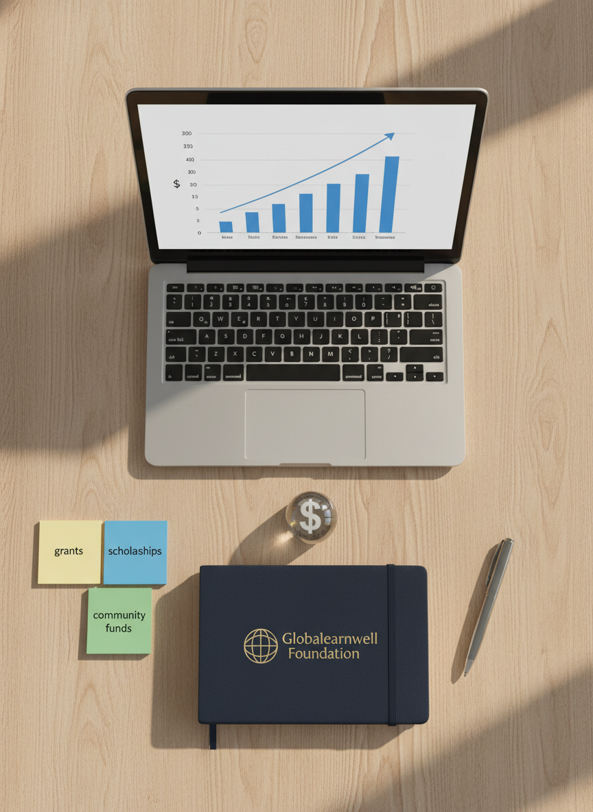 A meticulously arranged flat lay of nonprofit financial planning tools on a light oak tabletop: a silver laptop displaying a clear bar chart of rising US dollar-based donations, a navy-blue leather-bound strategy notebook embossed with “Globalearnwell Foundation,” a metallic pen, and neatly organized sticky notes with keywords like “grants,” “scholarships,” and “community funds” printed on them. A small, elegant glass paperweight shaped like a dollar sign sits at the center, catching soft afternoon light from a nearby window. Shadows are gentle and controlled, creating a calm, focused atmosphere. Shot from a bird’s-eye view with sharp focus across the frame, the composition feels ordered and purposeful. Photographic realism and a clean, professional aesthetic underscore the theme of structured earning and responsible philanthropic management in the USA.